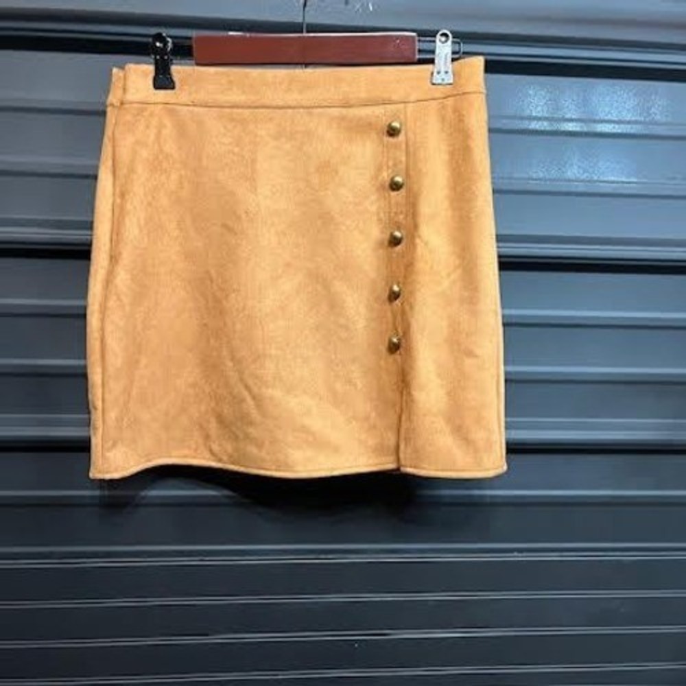 Faux Suede Tan‎ Mini Skirt with Button Detail Casual Trendy Women's